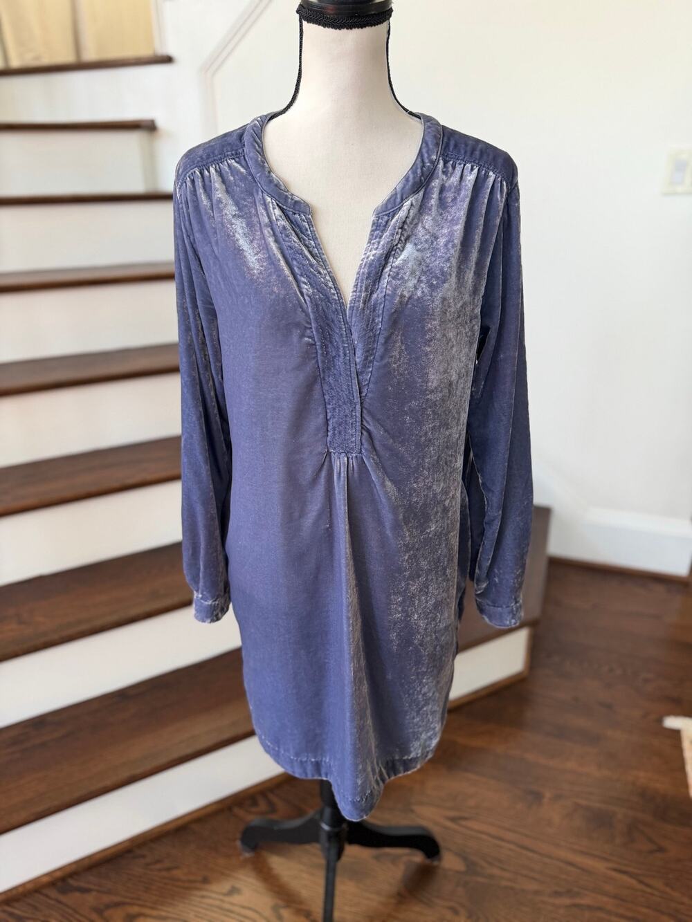 Anthropologie Dusty Blue Crushed Velvet Long Sleeve Shift Dress Fall Fairy